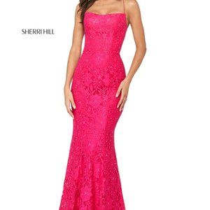 Sherri Hill 53359 Bright Pink beaded glitter lace Prom gown size 4 worn once!